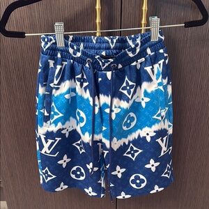 Blue and White Monogram Tie-Dye Shorts